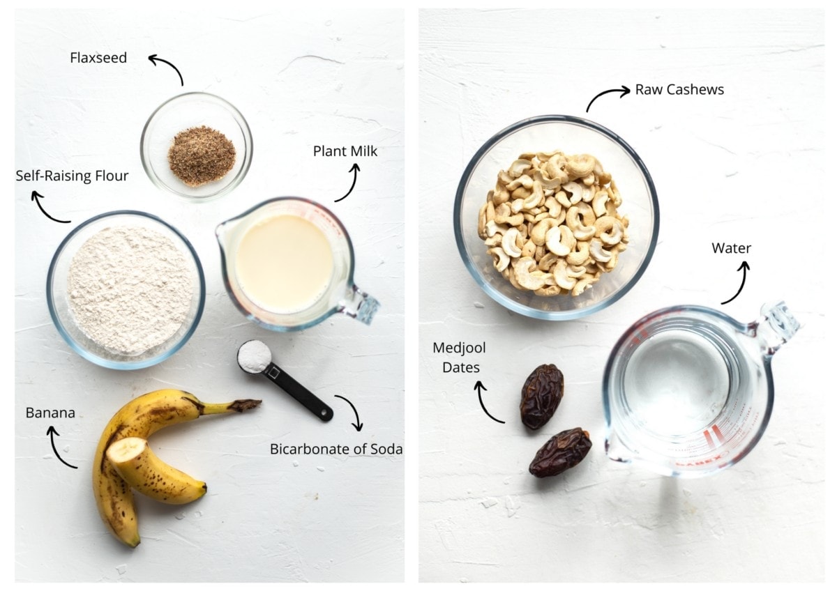 Overhead view of the pancake and cashew cream ingredients.