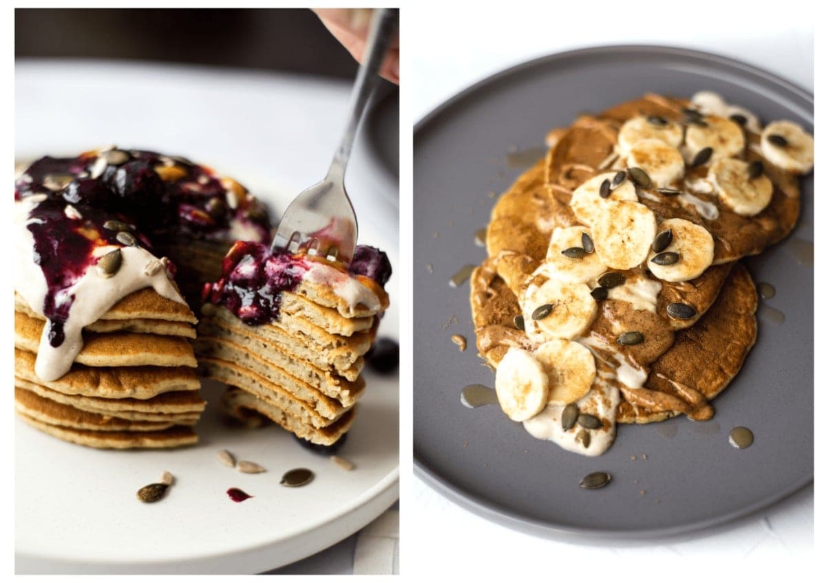 Two serving suggestions for the pancakes (left with cashew cream, blueberries, passion fruit and mixed seeds. And on the right, cashew cream, almond butter, sliced banana, pumpkin seeds and maple syrup).