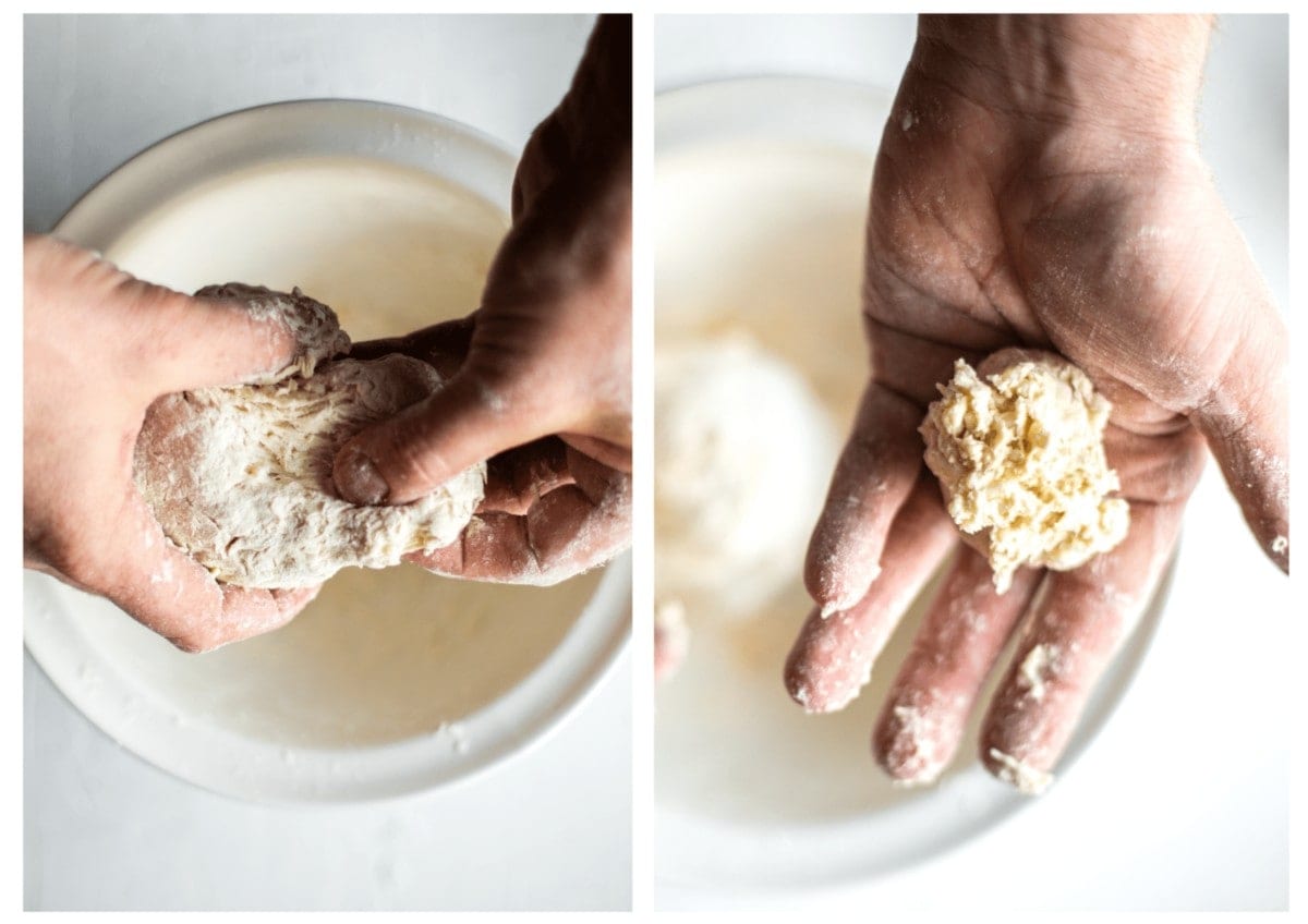 Side by side photos of the dumpling dough being portioned. on the left a picture of dough being torn from the whole piece, above the bowl.On the right showing a portion in the palm of a hand, above the bowl.