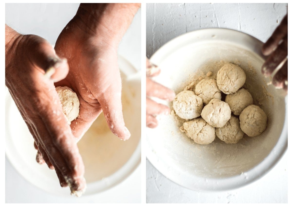 Side by side pictures. On the left a dumpling being formed by someone rolling in their hands. On the right a bowl with the finished dumplings piled in the bottom.