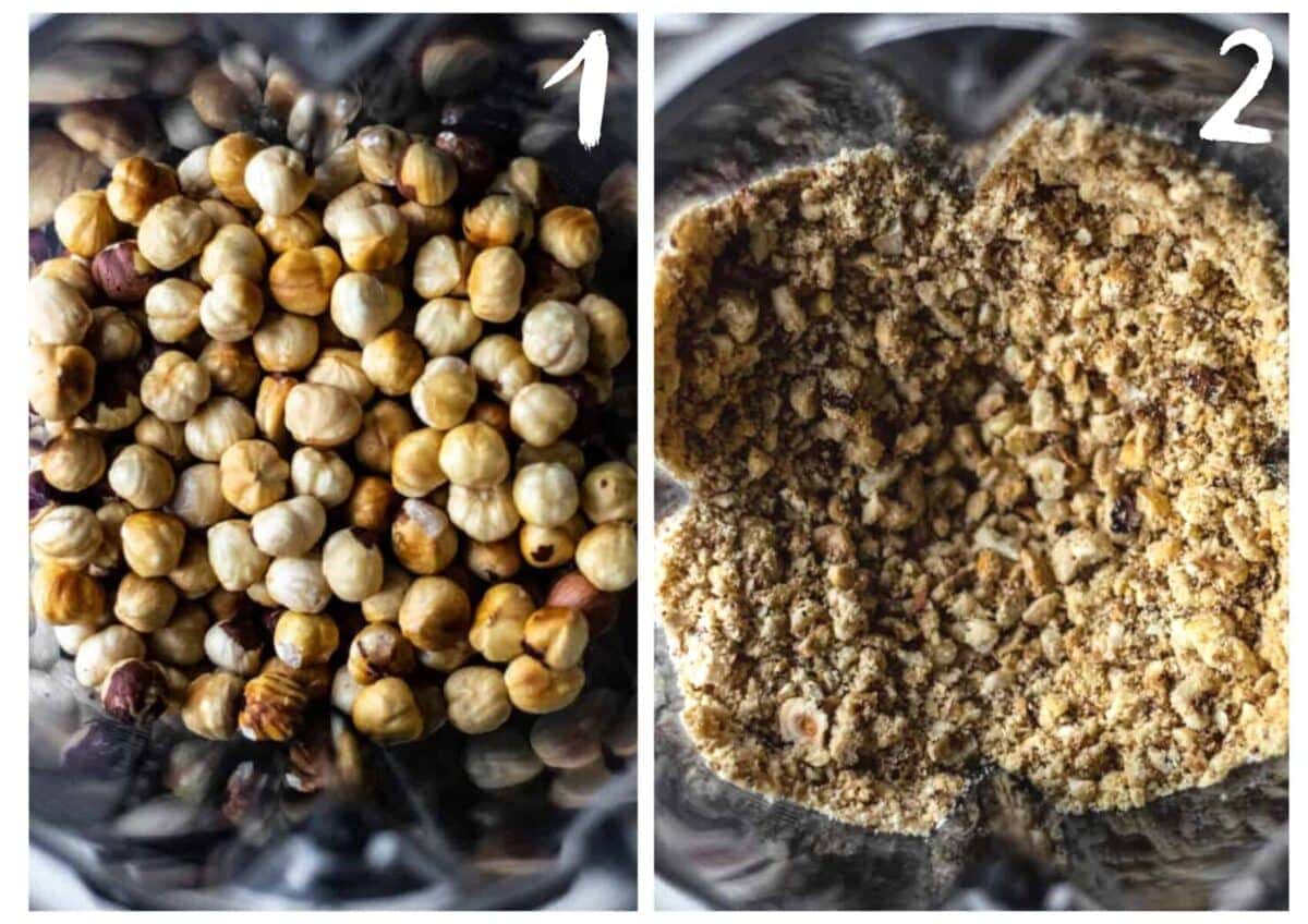 Side by side phots. On the left, looking down into a Vitamix jug full of hazelnuts. On the right, after they have been blitzed for a short time.