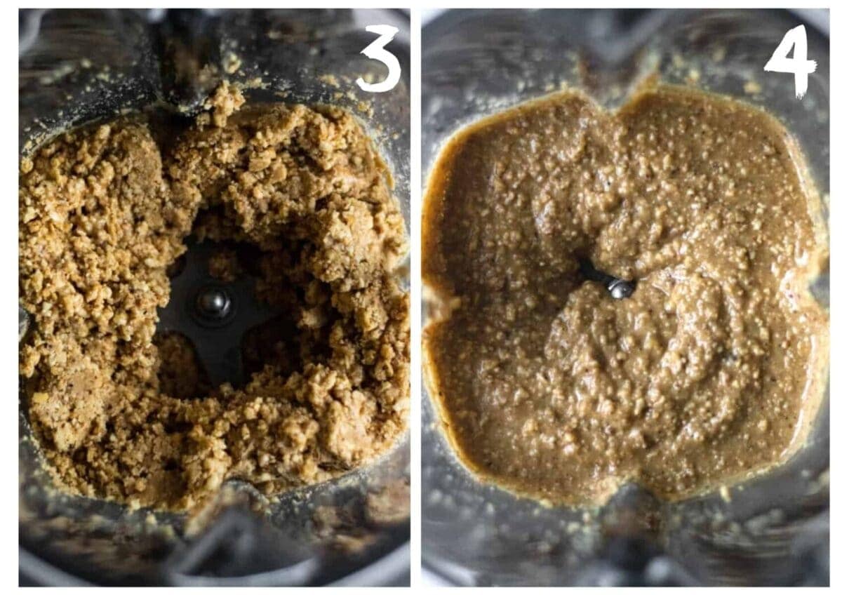Third and fourth stage pictures of the blending of the hazelnuts to make the nutella. The hazelnuts are approaching nut butter consistency.