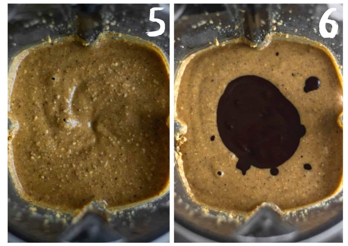 fifth and sixth stage pictures of the blending of the hazelnuts to make the nutella. in the photo on the right, the melted chocolate has been added and is in a puddle in the centre.