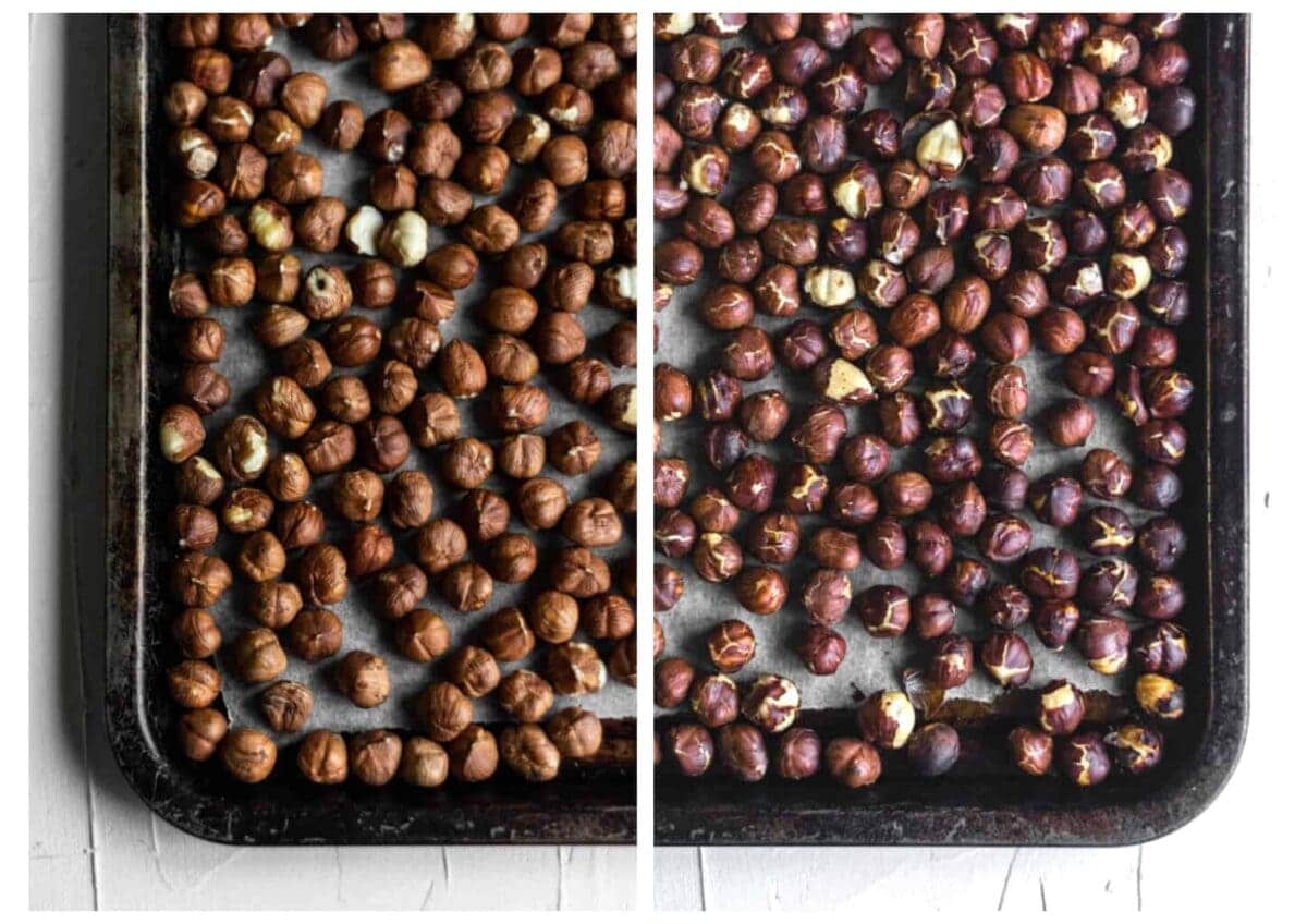 A lined baking tray of hazelnuts, pictured from above. before and after roasting.