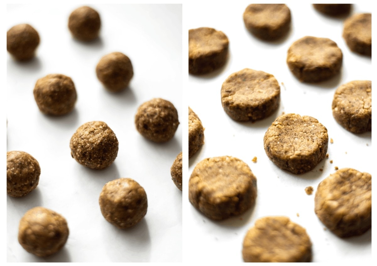 Cookies rolled into balls on the left, and pressed in to a cookie shape on the right.