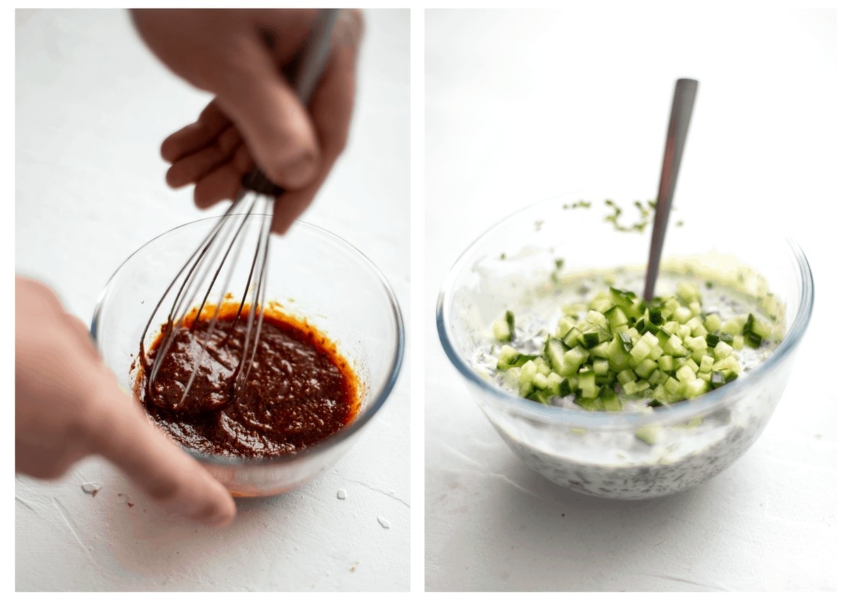 Side by side photos. On the left the marinade being whisked in a bowl, and on the right the tzatziki being made in a glass bowl, heaped with diced cucumber, with a spoon in the centre.