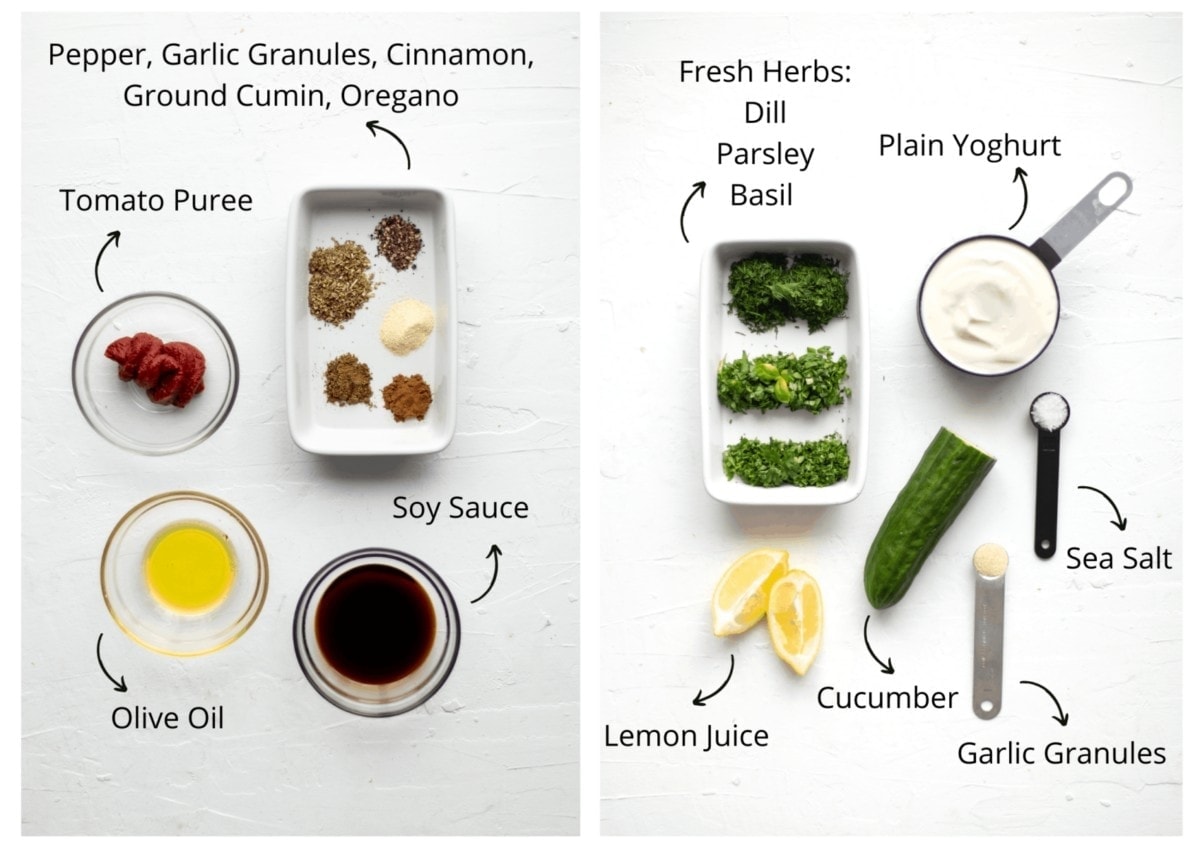Overhead view of the greek tofu marinade ingredients and the tzatziki Ingredients.