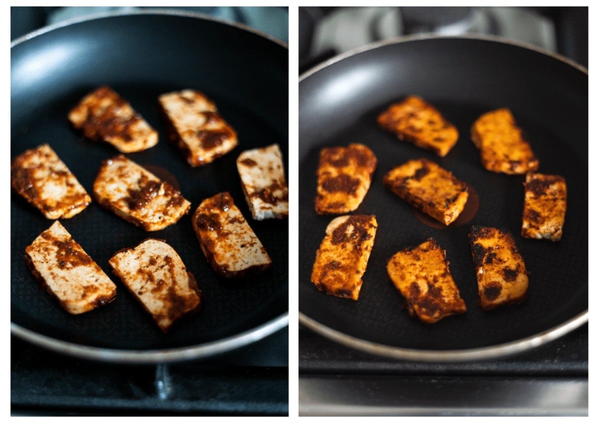 Side by side photos of the tofu in a frying pan, on the left before cooking, on the right, the cooked and slightly crispy tofu slices.