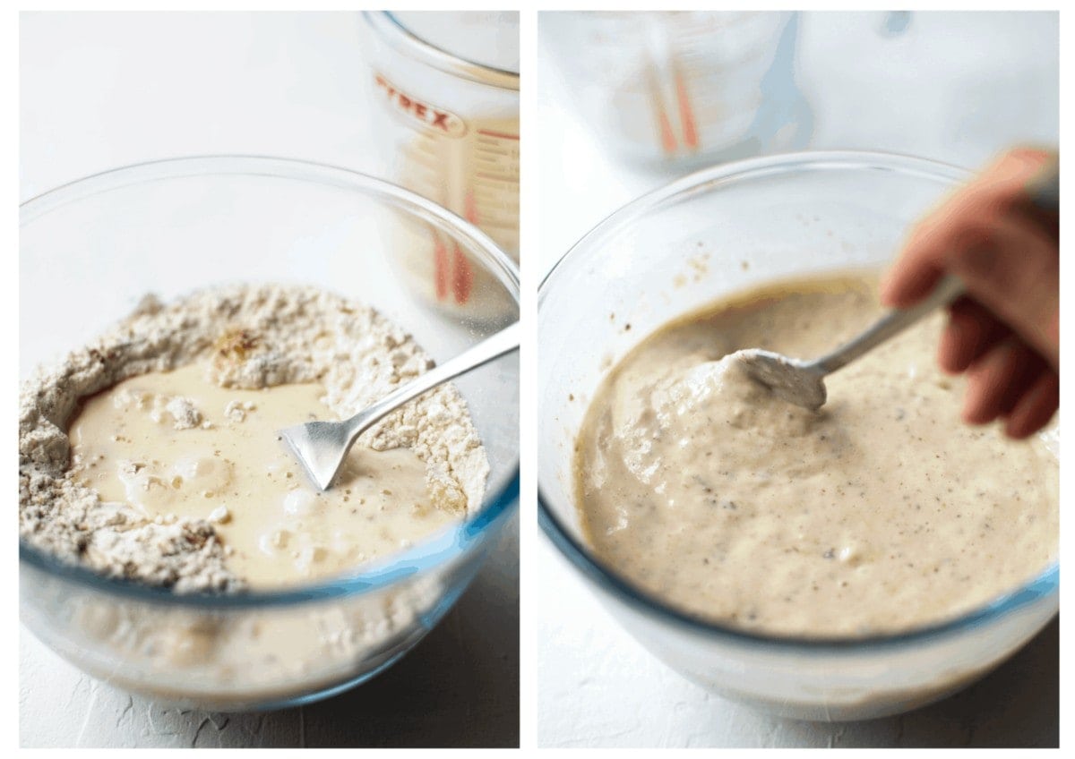 Side by side photos of mixing the pancake ingredients in a bowl, by hand, using a fork.