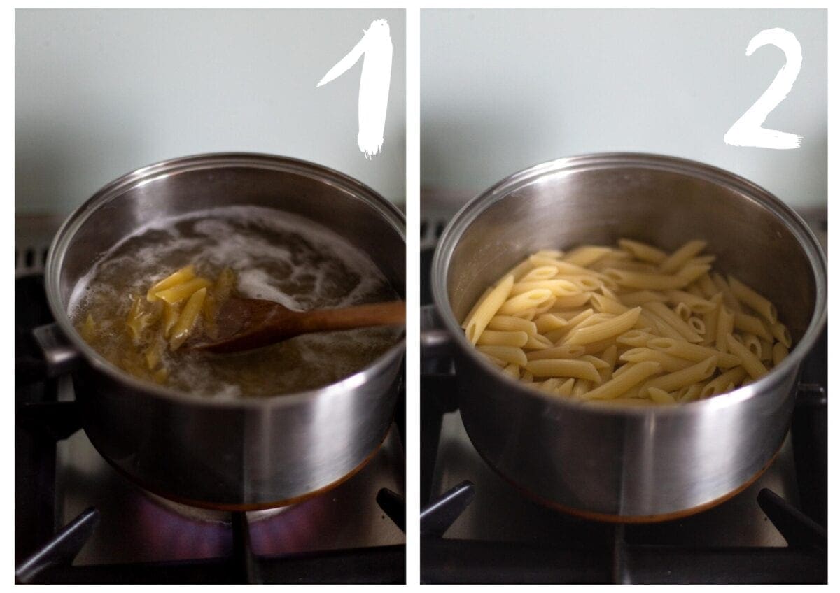 Side by side photos of steps 1 and 2 of the recipe. Showing the pasta being boiled in a silver saucepan on a gas stovetop.