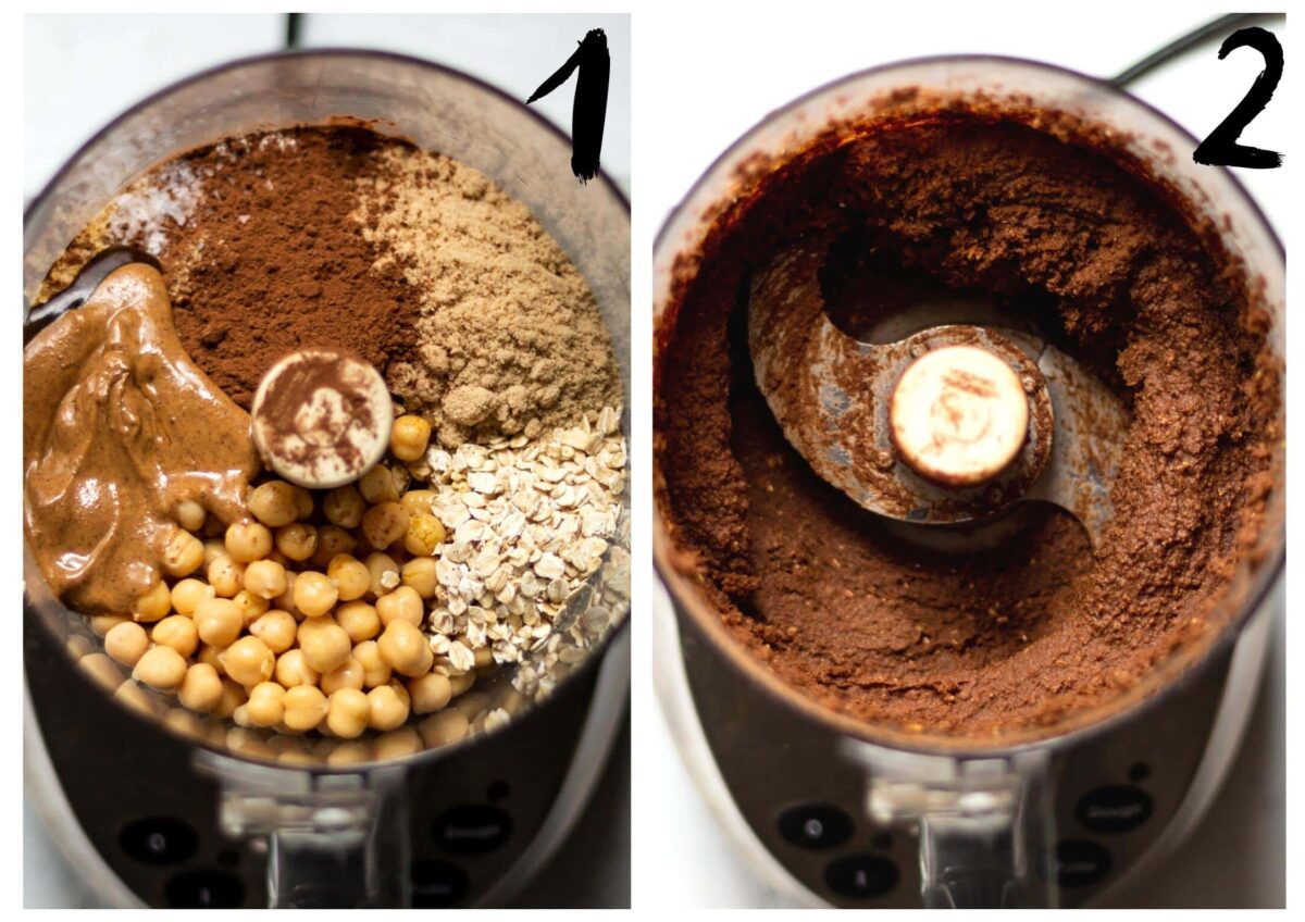 Side by side photos of the cookie dough ingredients, minus the chocolate chips, before and after blending.