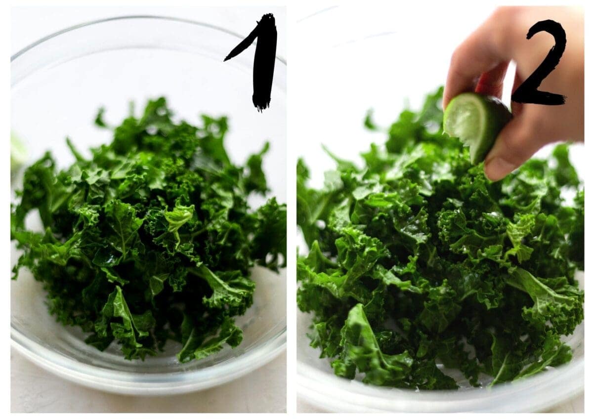 Side by side photos of the kale in a glass bowl. On the left is the kale before being rubbed, and on the right is a photo of lime juice being squeezed over the kale.
