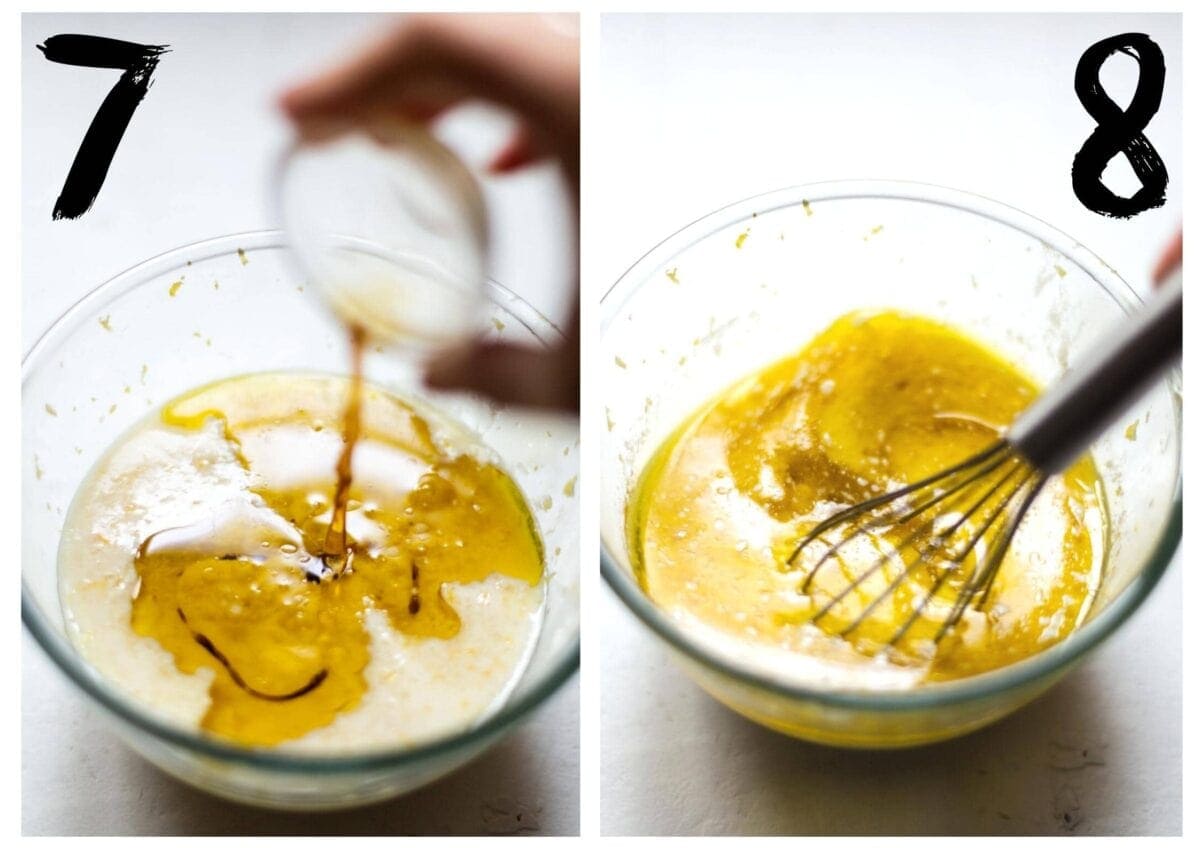 On the left, the wet ingredients being added together in a glass bowl. On the right, them being mixed together, using a whisk.