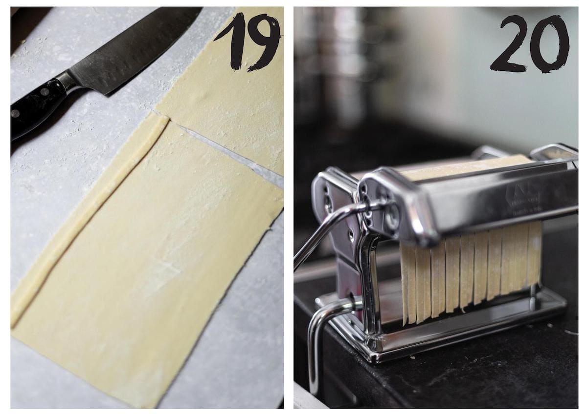Side by side photos of the pasta dough being cut in to lengths and then being put through the pasta machine to make fettucine width ribbons.
