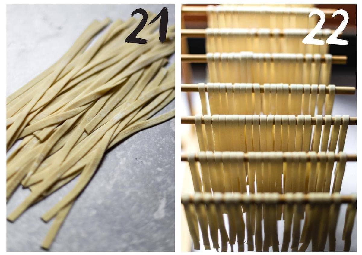 Side by side photos of the finished fettucine pasta ribbons, right hand side photo shows the pasta drying on a pasta rack.