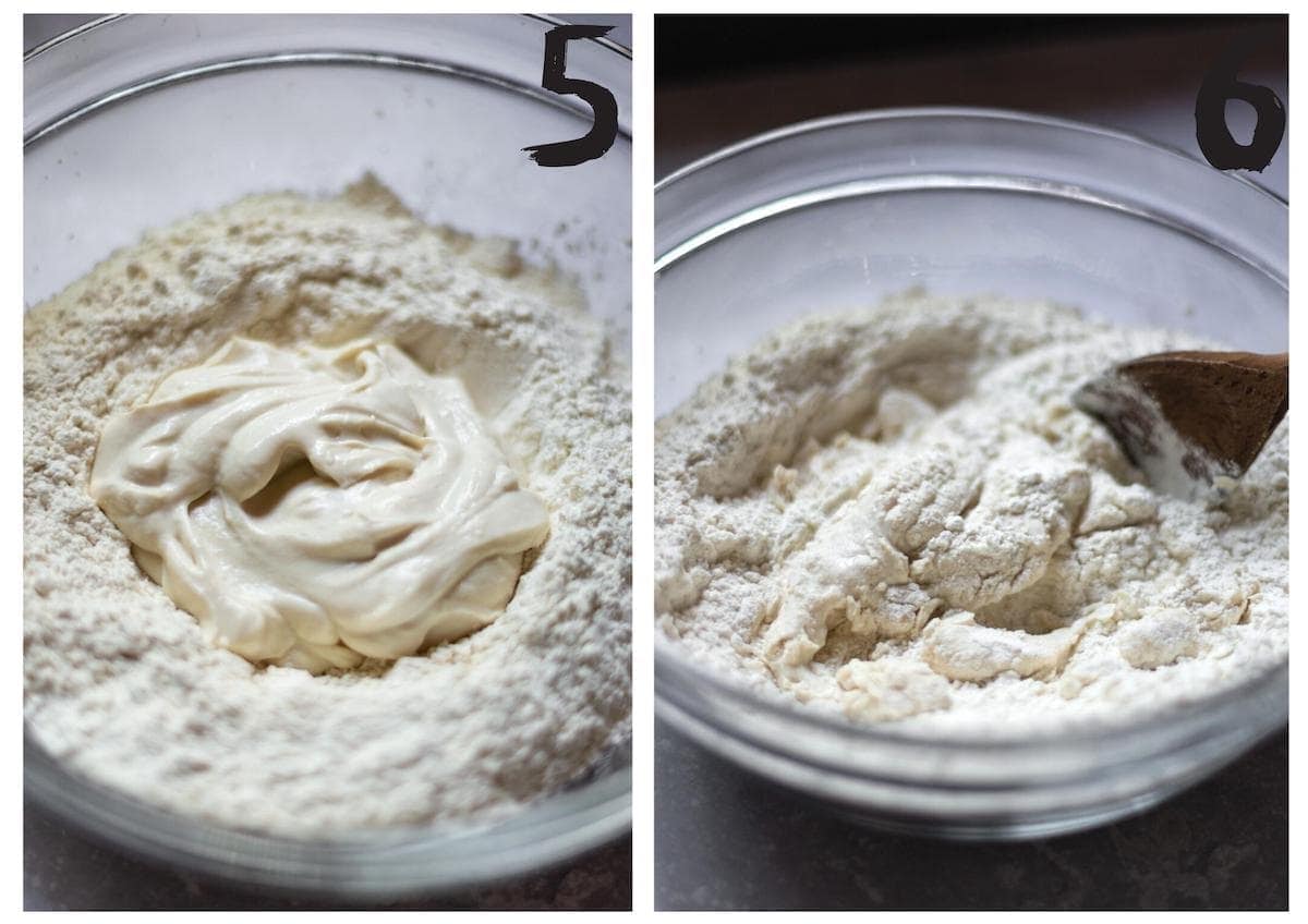Side by side photos of the tofu being added to the flour and being folded in with a wooden spoon.