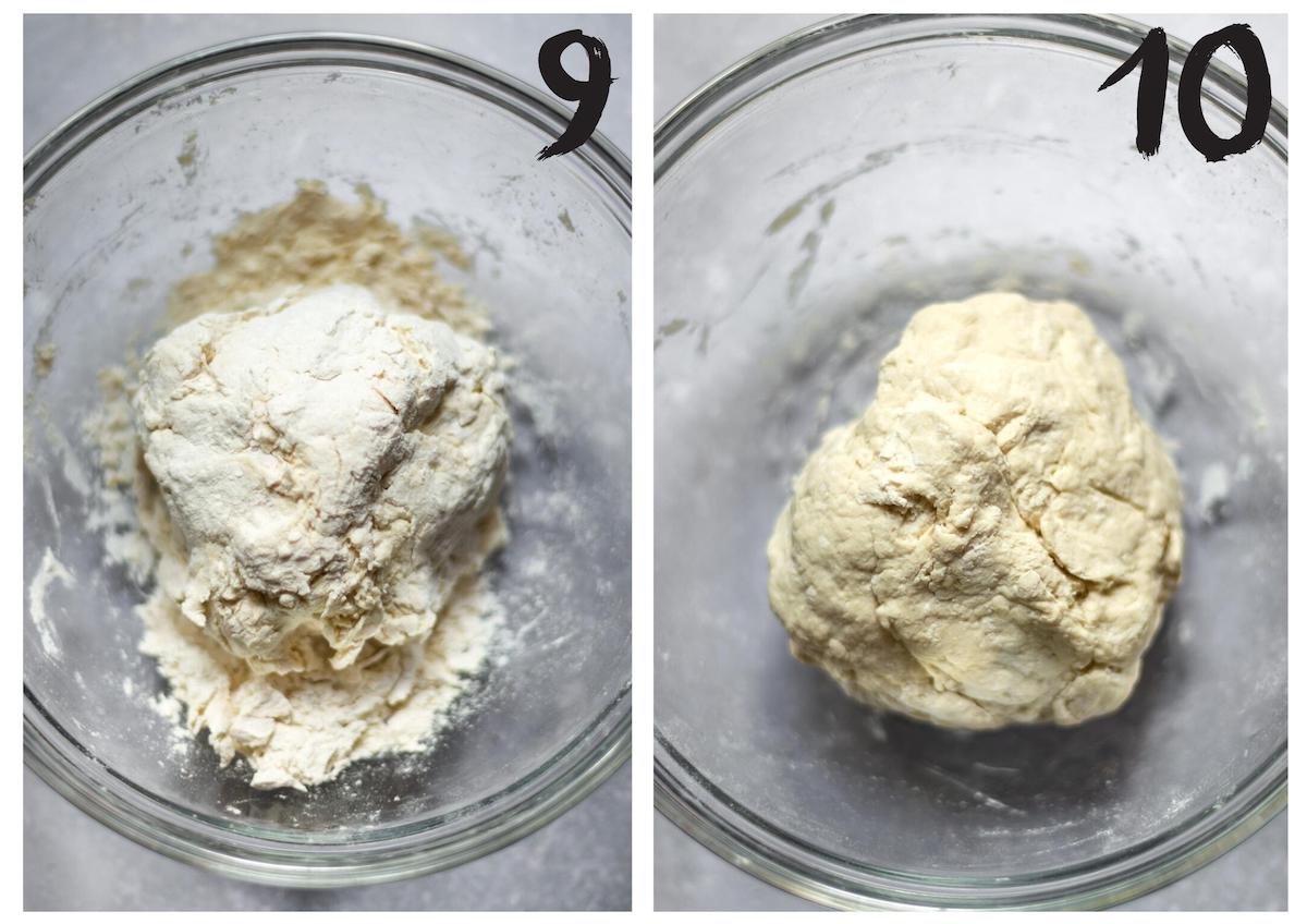 Stages of the ball of pasta dough being kneaded together using hands.