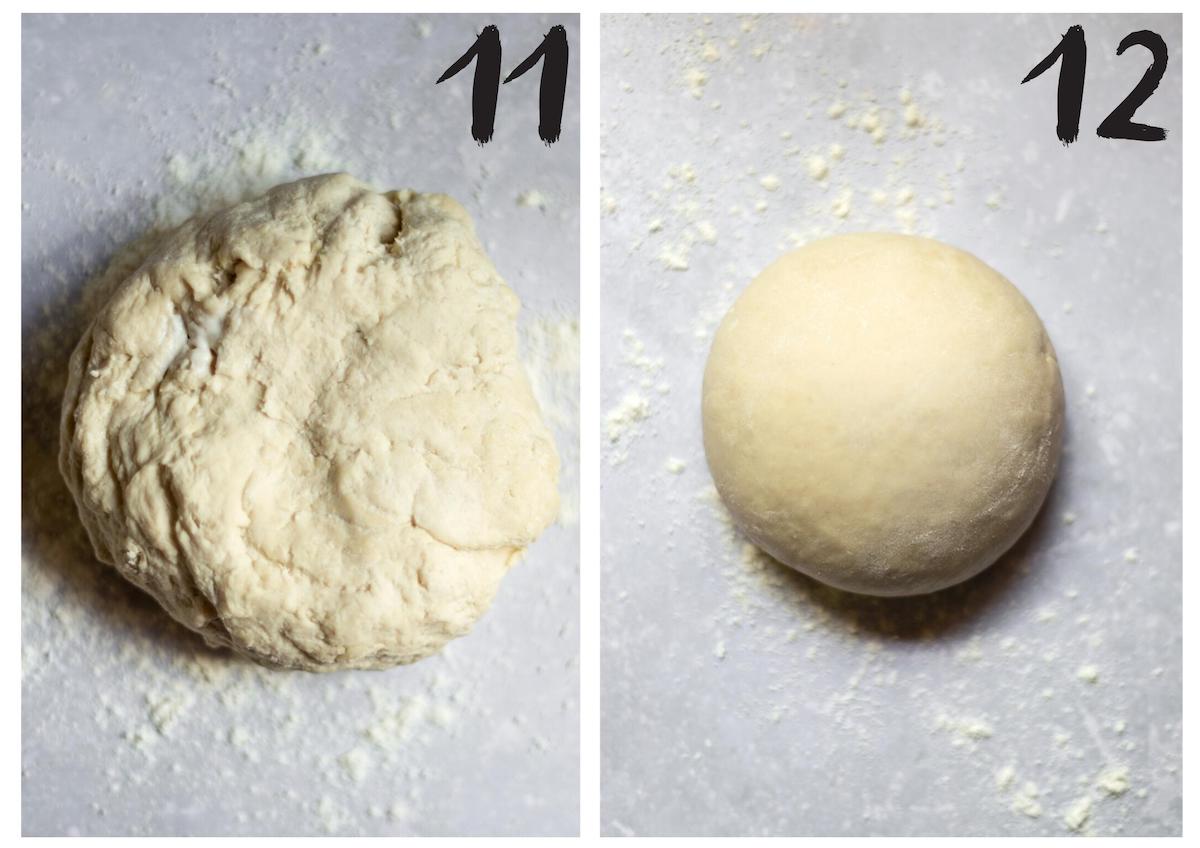 Side by side photos of the ball of pasta dough before and after kneading on a floured surface.