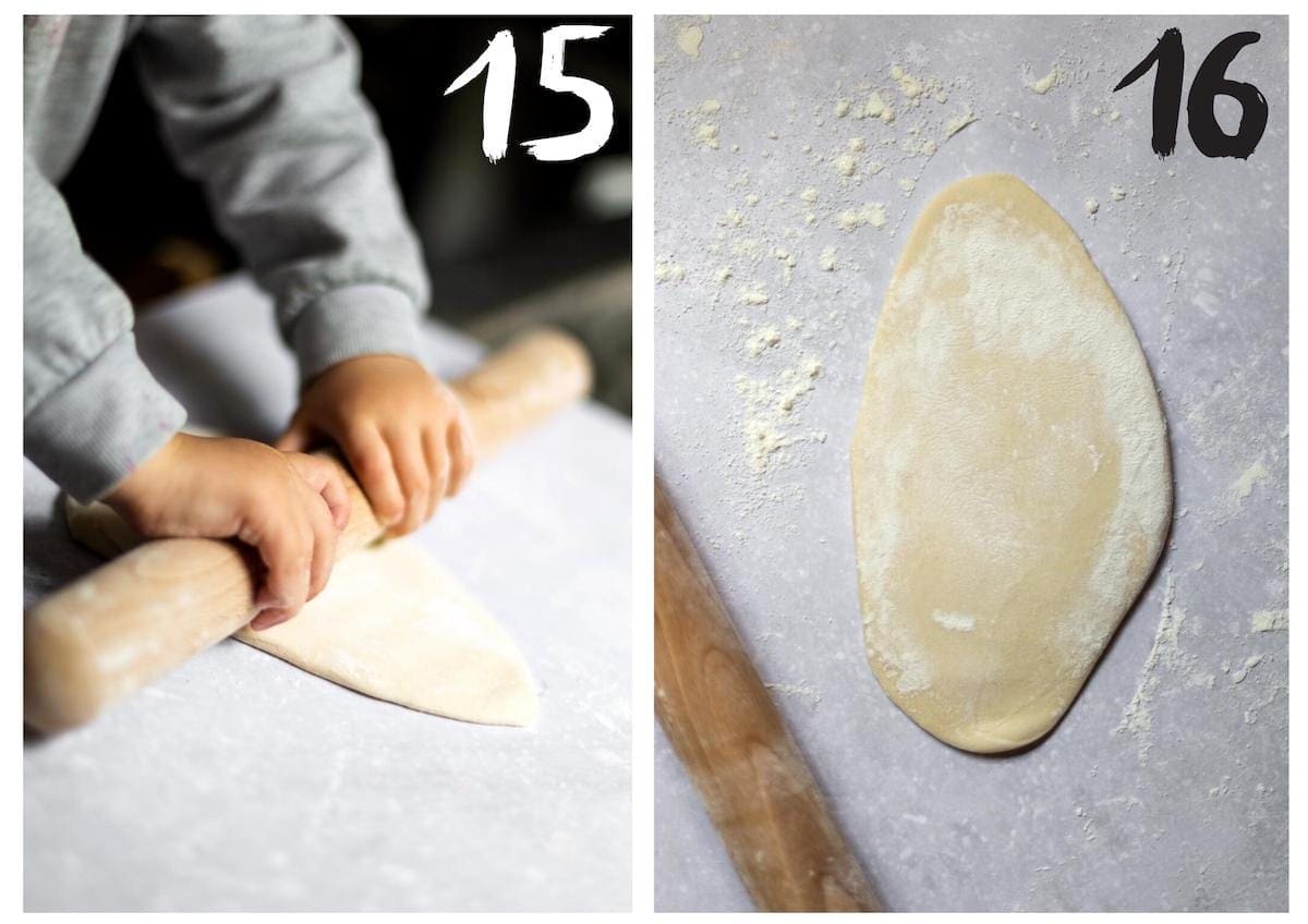 Side by side photos of a quarter of the pasta dough being rolled out using a rolling pin.