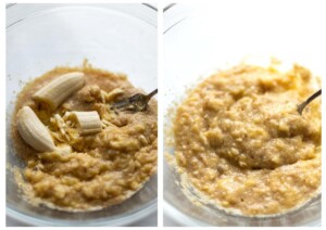 Banana being added to the bowl and then mashed.