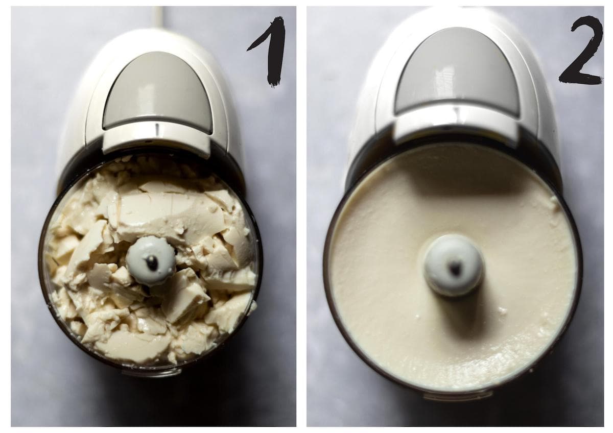Side by side photos of the tofu before and after blending.
