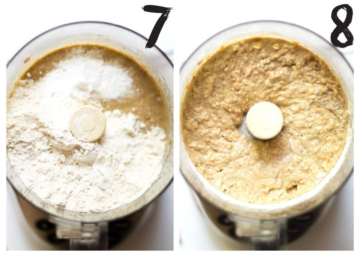 Adding the oats and flour to the food processor and mixing together.