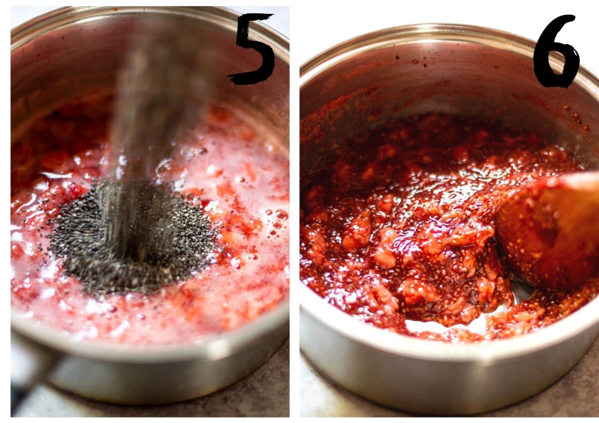 Adding the chia seeds in to the cooked strawberries in the saucepan.