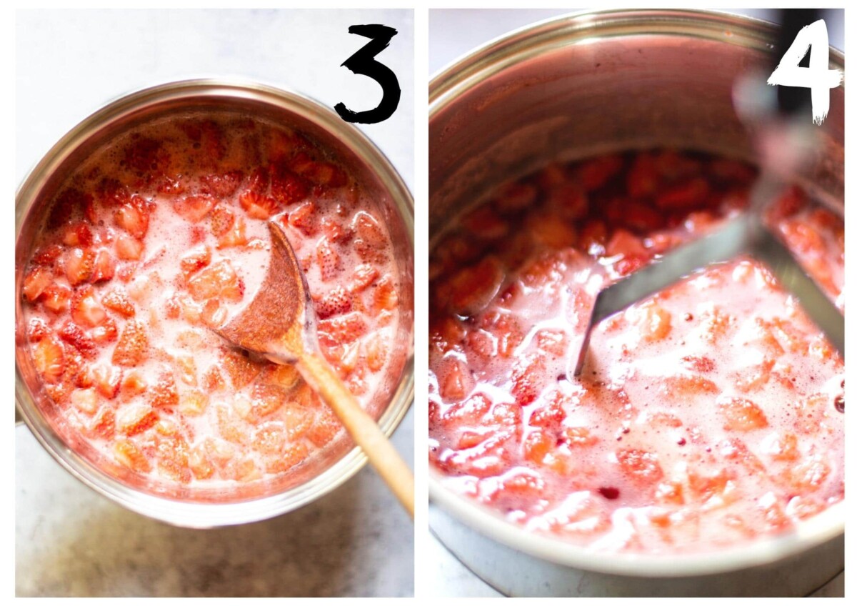 The cooked strawberries in the saucepan being pressed with a potato masher.
